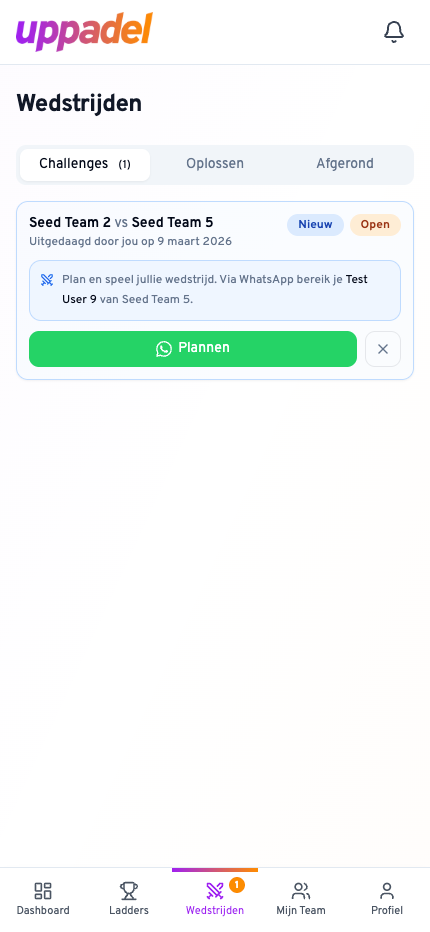 Overzicht van je wedstrijden in de Uppadel app — simpel en overzichtelijk